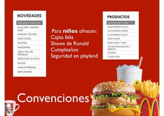 Para niños ofrecen:
     Cajita feliz
     Shows de Ronald
     Cumpleaños
     Seguridad en playland




Convenciones
 