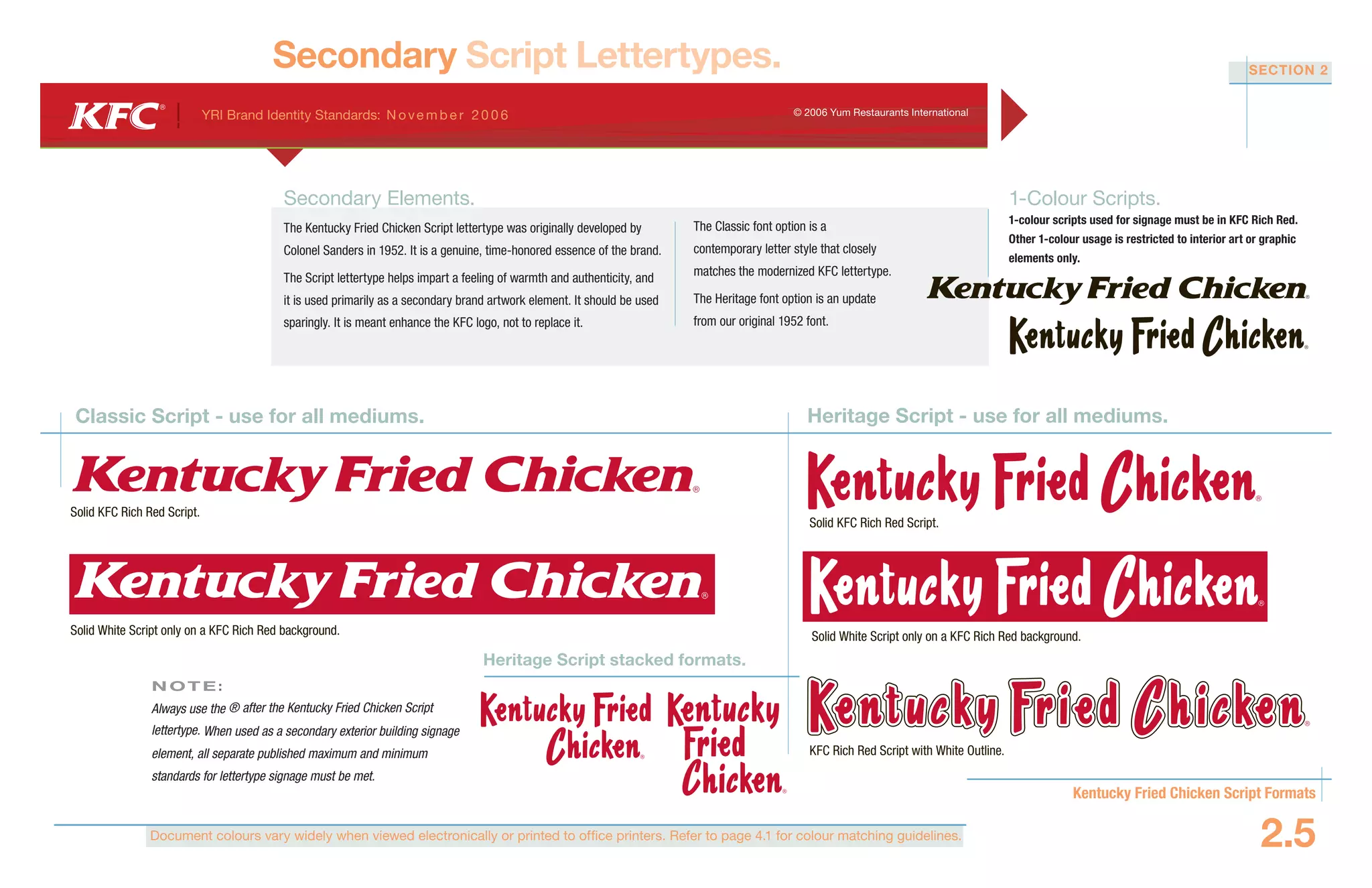 Document colours vary widely when viewed electronically or printed to office printers. Refer to page 4.1 for colour matching guidelines.
YRI Brand Identity Standards: N ove m b e r 20 0 6 © 2006 Yum Restaurants International
Kentucky Fried Chicken Script Formats
2.5
SECTION 2
Secondary Script Lettertypes.
Heritage Script - use for all mediums.
1-Colour Scripts.
1-colour scripts used for signage must be in KFC Rich Red.
Other 1-colour usage is restricted to interior art or graphic
elements only.
Classic Script - use for all mediums.
Heritage Script stacked formats.
Solid White Script only on a KFC Rich Red background.
Solid KFC Rich Red Script.
Solid White Script only on a KFC Rich Red background.
KFC Rich Red Script with White Outline.
Solid KFC Rich Red Script.
Secondary Elements.
The Kentucky Fried Chicken Script lettertype was originally developed by
Colonel Sanders in 1952. It is a genuine, time-honored essence of the brand.
The Script lettertype helps impart a feeling of warmth and authenticity, and
it is used primarily as a secondary brand artwork element. It should be used
sparingly. It is meant enhance the KFC logo, not to replace it.
N OT E :
Always use the ® after the Kentucky Fried Chicken Script
lettertype. When used as a secondary exterior building signage
element, all separate published maximum and minimum
standards for lettertype signage must be met.
The Classic font option is a
contemporary letter style that closely
matches the modernized KFC lettertype.
The Heritage font option is an update
from our original 1952 font.
 