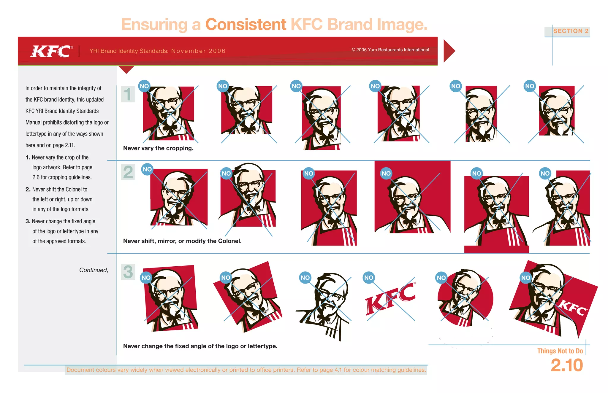 Document colours vary widely when viewed electronically or printed to office printers. Refer to page 4.1 for colour matching guidelines.
YRI Brand Identity Standards: N ove m b e r 20 0 6 © 2006 Yum Restaurants International
SECTION 2
Things Not to Do
2.10
Ensuring a Consistent KFC Brand Image.
In order to maintain the integrity of
the KFC brand identity, this updated
KFC YRI Brand Identity Standards
Manual prohibits distorting the logo or
lettertype in any of the ways shown
here and on page 2.11.
1. Never vary the crop of the
logo artwork. Refer to page
2.6 for cropping guidelines.
2. Never shift the Colonel to
the left or right, up or down
in any of the logo formats.
3. Never change the fixed angle
of the logo or lettertype in any
of the approved formats.
Continued,
1
Never vary the cropping.
3
Never change the fixed angle of the logo or lettertype.
NONONONO NO
NONONO
NO
NO
NO NO NONONO NO
NO
NO
2
Never shift, mirror, or modify the Colonel.
 