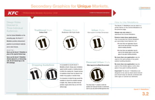 Document colours vary widely when viewed electronically or printed to office printers. Refer to page 4.1 for colour matching guidelines.
YRI Brand Identity Standards: N ove m b e r 20 0 6 © 2006 Yum Restaurants International
thecolonel’seleven
secret herbs & spicesH
ome of the secr
et
elevenspices
Traditional Style
Bodoni Bold
Classic Style
Bookman Old Style Italic
Urban Style
Microgramma Med. Extended
How to Use Medallions.
The Secret 11 Medallions can be used in a
similar fashion to the Colonel Medallions on
the previous page.
Always use one colour to
reproduce the Colonel Medallion.
Exterior trade dress applications
may incorporate the Colonel Medallion
as a secondary brand element, but:
No more than one application may be
used on the wall surfaces of any given
exterior building elevation.
No more than one application may be
used on the window glass or entry door
glass of any given building elevation.
No more than one application may be
used on the wall surfaces of any given
exterior building elevation.
No more than one application may be
used on the window glass or entry door
glass of any given building elevation.
Important! The Secret 11 Medallions are
designed to be used as stand-alone artwork
and should never be directly combined with
other signs or Colonel Icon elements.
Secret 11 Medallions
3.2
SECTION 3
It is acceptable to crop the Secret 11
Medallion artwork. Always place medallions
against another graphic or building element
to define the cropping line. Cropped versions
of medallions should never be placed in the
middle of any graphic or window frame.
It is necessary to rotate the type around the
medallion to ensure the complete message
is legible. Also, delete any letters that are
partially cropped where they run off of the
defined edge.
Document colou
Secondary Graphics for Unique Markets.
Reversed Urban Style
Microgramma Bold Extended
Design Styles
Directed to
Three Individual
Audiences.
Like the Colonel Medallion on the
preceding page, the Secret 11
Medallion provides enhancement
graphics to promotional materials
and in-store fixtures.
N OT E :
Never use the Secret 11 Medallion in
place of the required Colonel logo.
Never use the Secret 11 Medallion
directly adjacent to, or intersecting
with, the full Colonel logo or the
KFC Lettertype.
Cropping Guidelines
The Urban Style 11 artwork in both the
positive and reversed formats is customized
and for use only with the Microgramma font.
 