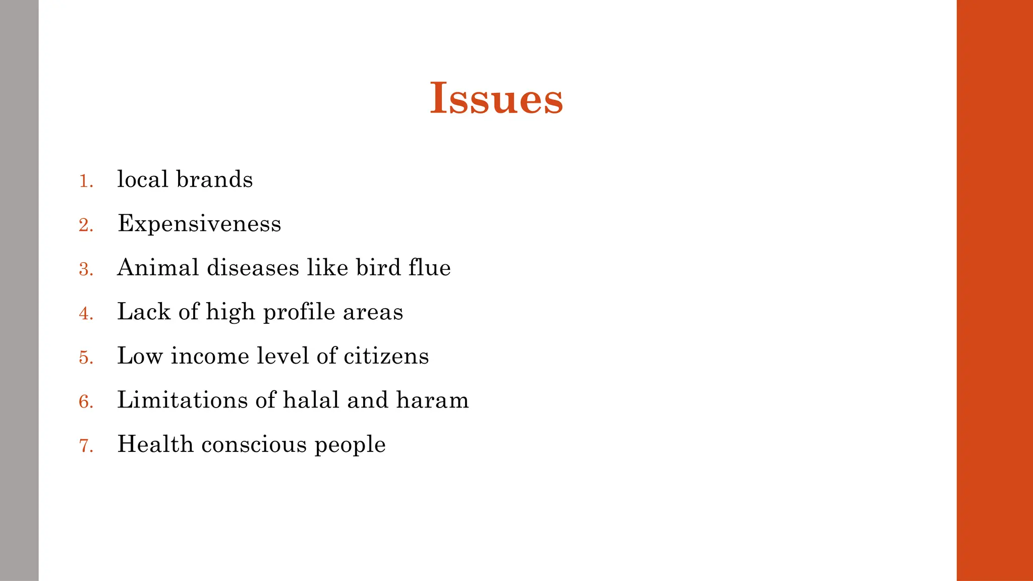 Issues
1. local brands
2. Expensiveness
3. Animal diseases like bird flue
4. Lack of high profile areas
5. Low income level of citizens
6. Limitations of halal and haram
7. Health conscious people
 