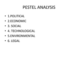 PESTEL ANALYSIS 
• 1.POLITICAL 
• 2.ECONOMIC 
• 3. SOCIAL 
• 4. TECHNOLOGICAL 
• 5.ENVIRONMENTAL 
• 6. LEGAL 
 