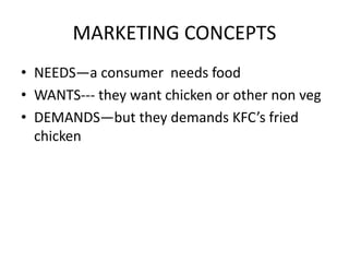 MARKETING CONCEPTS 
• NEEDS—a consumer needs food 
• WANTS--- they want chicken or other non veg 
• DEMANDS—but they demands KFC’s fried 
chicken 
 