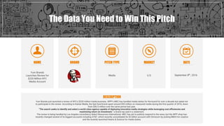 NAME BRAND PITCH TYPE
Media
MARKET DATE
September 8 , 2016
The Data You Need to Win This Pitch
DESCRIPTION
Yum Brands just launched a review of KFC’s $220 million media business. WPP’s MEC has handled media duties for the brand for over a decade but opted not
to participate in the review. According to Kantar Media, the fast food brand spent around $55 million on measured media during the first quarter of 2016, down
from $56.5 million over the same period last year.
“The search seeks to identify and select a world-class agency capable of deploying innovative media strategies while leveraging cost efficiencies and
maximizing return on investment,” a brand rep said in a statement.
The review is being handled by Los Angeles consultancy Select Resources International. MEC has yet to publicly respond to the news, but the WPP shop has
recently changed several of its biggest accounts including AT&T, which recently consolidated its $2 billion account with Omnicom by picking BBDO for creative
and the recently launched Hearts & Science for media duties.
Yum Brands
Launches Review for
$220 Million KFC
Media Account
th
U.S.
 