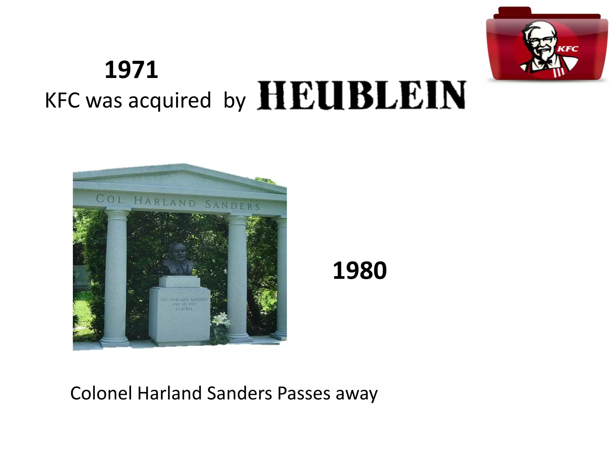 1971
KFC was acquired by
Colonel Harland Sanders Passes away
1980
 