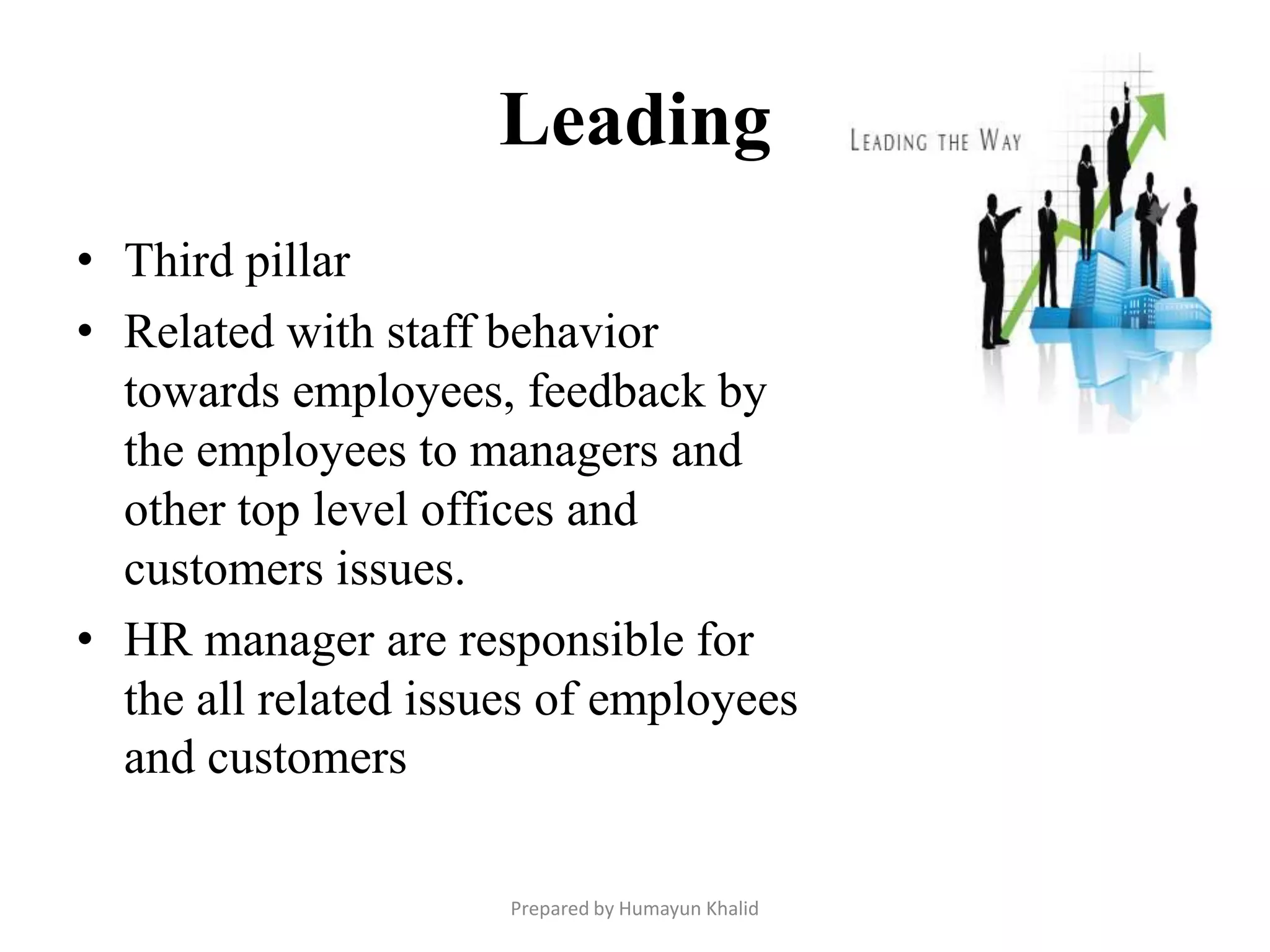 Leading
• Third pillar
• Related with staff behavior
  towards employees, feedback by
  the employees to managers and
  other top level offices and
  customers issues.
• HR manager are responsible for
  the all related issues of employees
  and customers

                      Prepared by Humayun Khalid
 