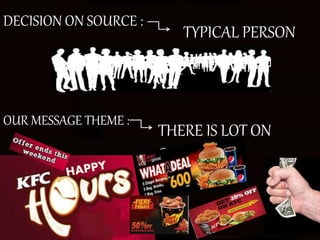 OUR MESSAGE THEME :
THERE IS LOT ON
OFFER
DECISION ON SOURCE :
TYPICAL PERSON
 