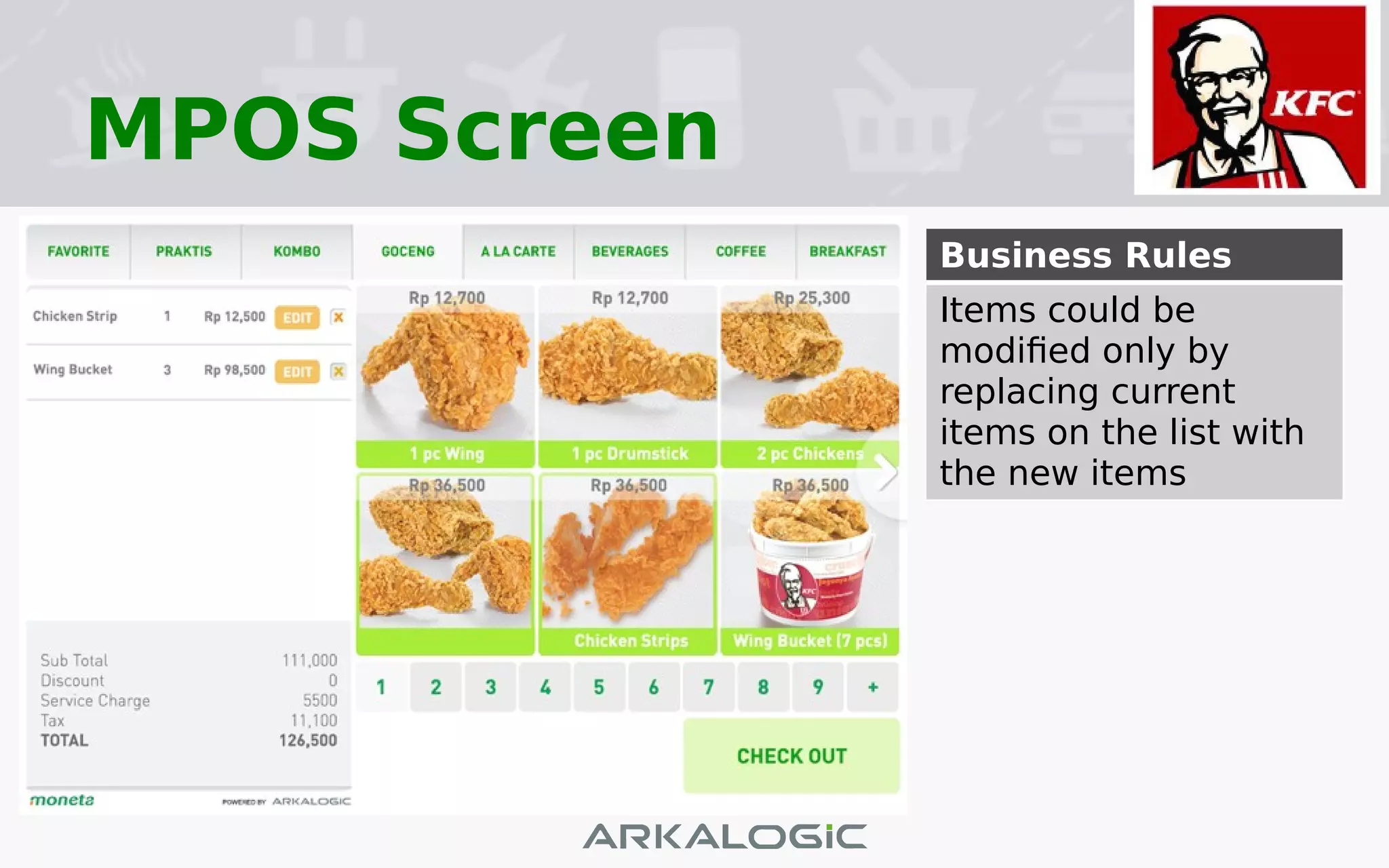 MPOS Screen
Business Rules
Items could be
modified only by
replacing current
items on the list with
the new items
 