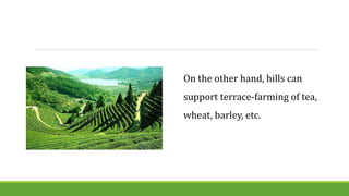 On the other hand, hills can
support terrace-farming of tea,
wheat, barley, etc.
 