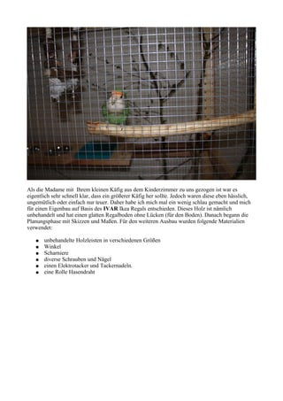 Als die Madame mit Ihrem kleinen Käfig aus dem Kinderzimmer zu uns gezogen ist war es 
eigentlich sehr schnell klar, dass ein größerer Käfig her sollte. Jedoch waren diese eben hässlich, 
ungemütlich oder einfach nur teuer. Daher habe ich mich mal ein wenig schlau gemacht und mich 
für einen Eigenbau auf Basis des IVAR Ikea Regals entschieden. Dieses Holz ist nämlich 
unbehandelt und hat einen glatten Regalboden ohne Lücken (für den Boden). Danach begann die 
Planungsphase mit Skizzen und Maßen. Für den weiteren Ausbau wurden folgende Materialien 
verwendet: 
● unbehandelte Holzleisten in verschiedenen Größen 
● Winkel 
● Scharniere 
● diverse Schrauben und Nägel 
● einen Elektrotacker und Tackernadeln. 
● eine Rolle Hasendraht 
 