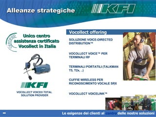 Alleanze strategiche VOCOLLECT VOICE® TOTAL  SOLUTION PROVIDER SOLUZIONE VOICE-DIRECTED DISTRIBUTION™ VOCOLLECT VOICE™ PER TERMINALI RF  TERMINALI PORTATILI (TALKMAN T5, T2x, ..) CUFFIE WIRELESS PER RICONOSCIMENTO VOCALE SRX VOCOLLECT VOICELINK™ Vocollect offering Unico centro  assistenza certificato  Vocollect in Italia Le esigenze dei clienti al  centro   delle nostre soluzioni 
