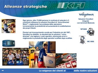 Alleanze strategiche Ogni giorno, oltre 75,000 persone in centinaia di aziende in 5 continenti utilizzano le soluzioni Vocollect di  Voice-Directed Work™, migliorando l’accuratezza delle operazioni, incrementando la produttività ed aumentando la soddisfazione dei propri Clienti.  Pionieri nel riconoscimento vocale per l’industria sin dal 1987, Vocollect ha stabilito  lo standard per le soluzioni “voice-directed” che tagliano i costi operativi, eliminando errori e migliorando la produttività degli operatori scaffale dopo scaffale.   Soluzioni Vocollect integrate  con terminali Motorola MC 9090 WT4000 Le esigenze dei clienti al  centro   delle nostre soluzioni 