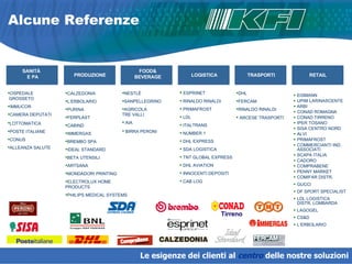 EISMANN UPIM LARINASCENTE  ARBI CONAD ROMAGNA CONAD TIRRENO IPER TOSANO SISA CENTRO NORD ALVI PRIMAFROST COMMERCIANTI IND.  ASSOCIATI SCAPA ITALIA CADORO COMPRABENE PENNY MARKET COMIFAR DISTR. GUCCI  DF SPORT SPECIALIST LDL LOGISTICA  DISTR. LOMBARDA LAGOGEL CS&D L’ERBOLARIO Alcune Referenze Le esigenze dei clienti al  centro   delle nostre soluzioni PRODUZIONE FOOD& BEVERAGE LOGISTICA ESPRINET RINALDO RINALDI PRIMAFROST  LDL ITALTRANS NUMBER 1 DHL EXPRESS SDA LOGISTICA TNT GLOBAL EXPRESS DHL AVIATION INNOCENTI DEPOSITI CAB LOG CALZEDONIA  L’ERBOLARIO  PURINA FERPLAST  CABIND  IMMERGAS  BREMBO SPA  IDEAL STANDARD  BETA UTENSILI ARTSANA MONDADORI PRINTING ELECTROLUX HOME PRODUCTS PHILIPS MEDICAL SYSTEMS OSPEDALE  GROSSETO IMMUCOR  CAMERA DEPUTATI LOTTOMATICA POSTE ITALIANE CONUS ALLEANZA SALUTE SANITÀ  E PA TRASPORTI RETAIL DHL FERCAM  RINALDO RINALDI ARCESE TRASPORTI NESTLÈ SANPELLEGRINO AGRICOLA  TRE VALLI AIA BIRRA PERONI Tirreno 