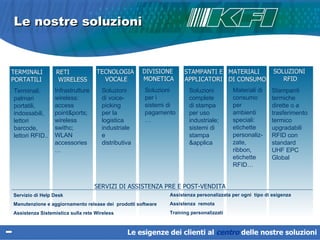 Le nostre soluzioni Le esigenze dei clienti al  centro   delle nostre soluzioni SERVIZI DI ASSISTENZA PRE E POST-VENDITA MATERIALI  DI CONSUMO Materiali di consumo per ambienti speciali: etichette personaliz-zate, ribbon, etichette RFID… RETI  WIRELESS Infrastrutture wireless: access point&ports; wireless swithc; WLAN accessories… TERMINALI PORTATILI Terminali, palmari portatili, indossabili, lettori barcode, lettori RFID.. STAMPANTI E APPLICATORI Soluzioni complete di stampa per uso industriale; sistemi di stampa &applica DIVISIONE  MONETICA Soluzioni per i sistemi di pagamento… SOLUZIONI  RFID Stampanti termiche dirette o a trasferimento termico upgradabili RFID con standard UHF EPC Global TECNOLOGIA  VOCALE Soluzioni di voice-picking  per la logistica industriale e distributiva Servizio di Help Desk Manutenzione e aggiornamento  release  dei  prodotti software Assistenza Sistemistica sulla rete Wireless Assistenza personalizzata per ogni  tipo di esigenza Assistenza  remota Training personalizzati 