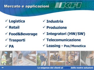 Mercato e applicazioni Le esigenze dei clienti al  centro   delle nostre soluzioni Industria Produzione Integratori (HW/SW) Telecomunicazione Leasing -  Pos/Monetica Logistica Retail Food&Beverage Trasporti PA 