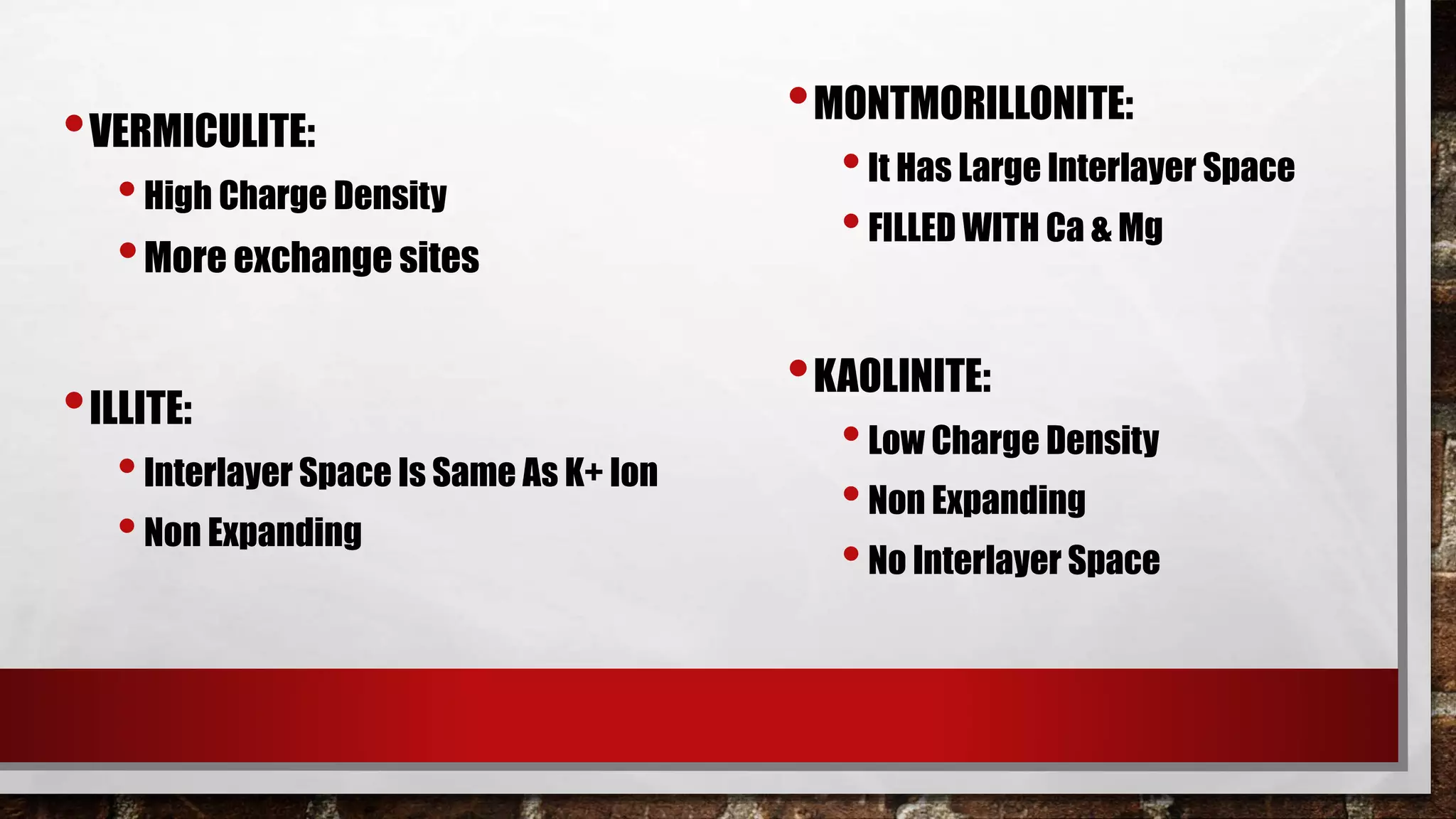•VERMICULITE:
•High Charge Density
•More exchange sites
•ILLITE:
•Interlayer Space Is Same As K+ Ion
•Non Expanding
•MONTMORILLONITE:
•It Has Large Interlayer Space
•FILLED WITH Ca & Mg
•KAOLINITE:
•Low Charge Density
•Non Expanding
•No Interlayer Space
 