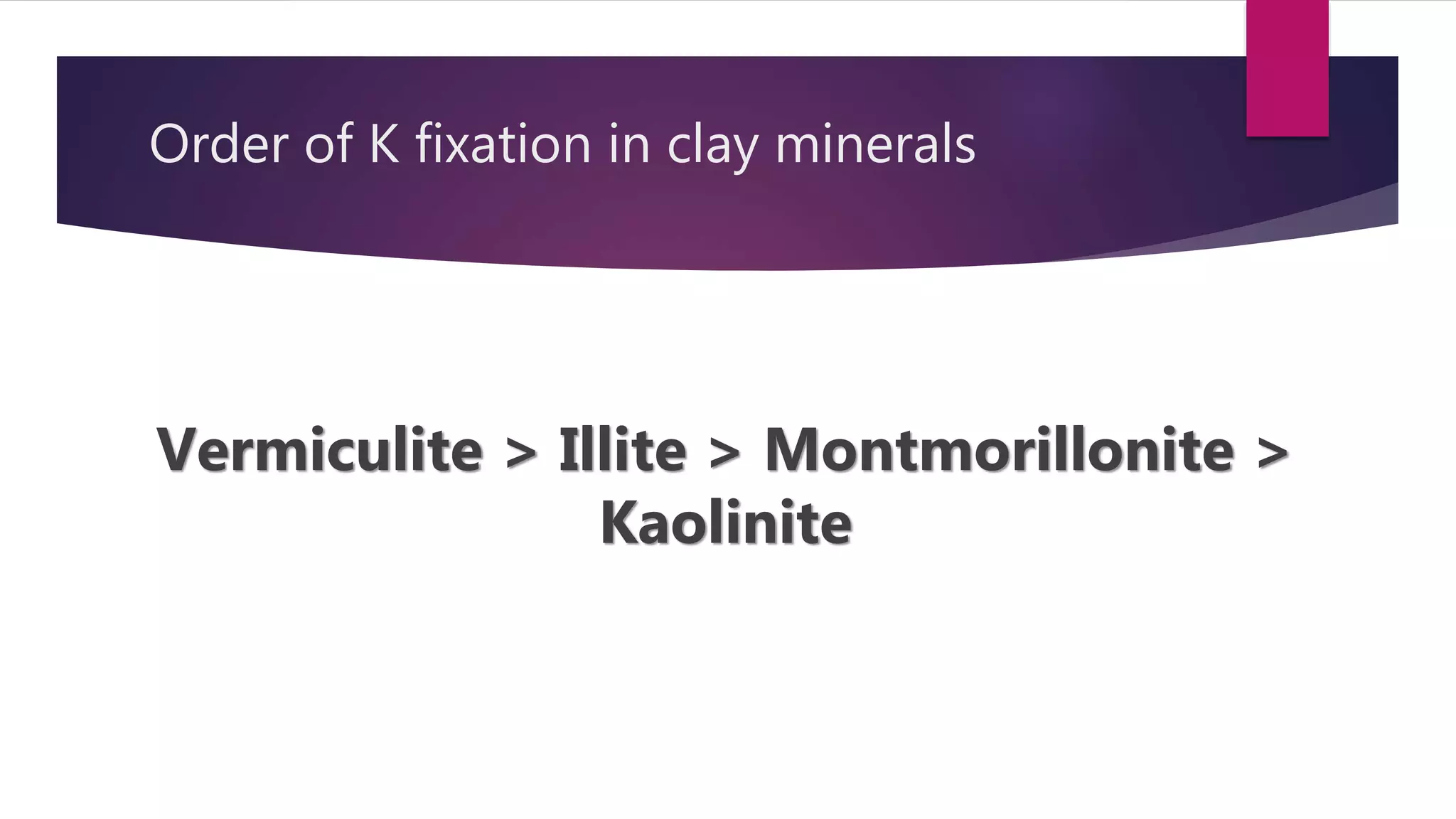 Order of K fixation in clay minerals
Vermiculite > Illite > Montmorillonite >
Kaolinite
 