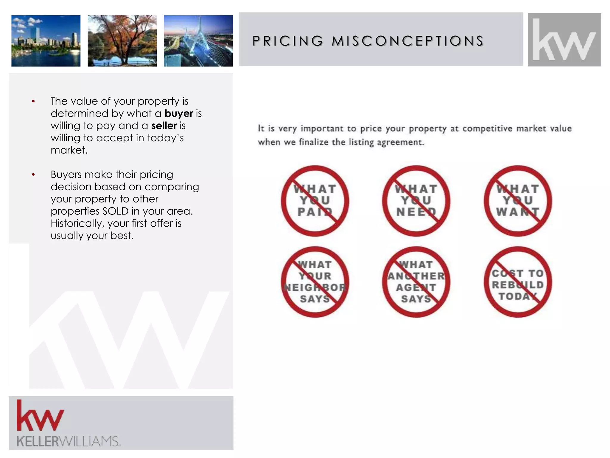P R ICI NG MI SCONCE P T IONS 
• The value of your property is 
determined by what a buyer is 
willing to pay and a seller is 
willing to accept in today’s 
market. 
• Buyers make their pricing 
decision based on comparing 
your property to other 
properties SOLD in your area. 
Historically, your first offer is 
usually your best. 
 