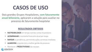 Dois grandes Grupos Hospitalares, com faturamento
anual bilionário, aplicaram a solução para auxiliar no
processo de faturamento hospitalar
RESULTADOS OBTIDOS
• RASTREABILIDADE em tempo real das contas hospitalares
• ACOMPANHAR o montante financeiro atual por etapa
• MAPEAR as pendências, permitindo ações corretivas imediatas
• AUMENTAR a receita com a melhor gestão do processo
• Monitorar a PRODUTIVIDADE das equipes
CASOS DE USO
 