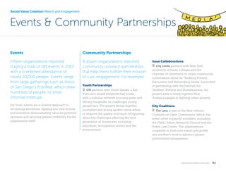 Social Value Creation//Reach and Engagement

Events  Community Partnerships
Events

Community Partnerships

Fifteen organizations reported
staging a total of 181 events in 2012
with a combined attendance of
nearly 20,000 people. Events range
from large gatherings such as Voice
of San Diego’s Politifest, which draw
hundreds of people, to small
informal meetups.

A dozen organizations reported
community outreach partnerships
that help them further their mission
of civic engagement. For example:

For most, events are a creative approach to
increasing awareness, tapping into new donors
and members, demonstrating value for potential
sponsors and securing greater credibility for the
organization itself.

	

Youth Partnerships
notepad  CIR partners with Youth Speaks, a San

Francisco-based nonprofit that works
with a national network of young poets and
literary nonprofits on challenges young
people face. The project brings together
journalists and young spoken-word artists
to improve the quality and reach of reporting
about key challenges affecting the next
generation of Americans, including
education, immigration reform and the
environment.

Issue Collaborations
signpost  City Limits partners with New York

museums, schools, colleges and the
chamber of commerce to create community
conversation about its “Tackling Poverty
Discussion and Networking Series.” Launched
in partnership with the Institute for
Children, Poverty and Homelessness, the
project aims to bring together New
Yorkers engaged in fighting urban poverty.

City Coalitions
signpost  The Lens is part of the New Orleans

Coalition on Open Governance, which has
seven other nonprofit members, including
the Public Affairs Research Council and the
Public Law Center. The organizations
cooperate to host joint events and profile
one another’s work to advance greater
government transparency.

k n i g h t f o u n d at i o n . o r g  

21

 