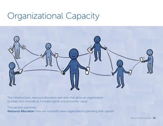 Organizational Capacity

The infrastructure, resource allocation and skills that allow an organization
to adapt and innovate as it creates social and economic value.
This section examines:
Resource Allocation How are nonprofit news organizations spending their capital?
k n i g h t f o u n d at i o n . o r g  

40

 