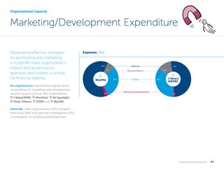 Organizational Capacity

Marketing/Development Expenditure
Developing effective strategies
for promoting and marketing
a nonprofit news organization’s
impact and audiences to
sponsors and funders is critical
for financial stability.
Six organizations reported the highest share
of spending on marketing and development,
nearly a quarter of total 2012 expenditures:
bank I-News/RPBS, signpost MinnPost, bank NJ Spotlight,
bank Texas Tribune, signpost VOSD and bank Wyofile.

Expenses 2012

Editorial

60%
7%

Wyoﬁle

3%

51%
13%

General/Admin

30%

IT/Tech

Marketing/Development

35%

I-News/
RMPBS

1%

Generally, state organizations (24%) outspent
their local (16%) and national investigative (14%)
counterparts on marketing/development.

	

k n i g h t f o u n d at i o n . o r g

  47

 