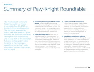 Conclusions

Summary of Pew-Knight Roundtable
The Pew Research Center and
Knight Foundation co-hosted
a roundtable Sept. 20, 2013, on
the future of nonprofit journalism.
The discussion reviewed data
from a June Pew Research Center
report on the financial sustainability
of nonprofit news organizations
and an early draft of this publication.
Full video footage and an edited
transcript of the meeting are
available, as well as Pew’s recap
of the event. Here are four themes
that stood out:

	

1. 
Recognizing the ongoing need for foundation
funding. While reliance on institutional
foundations is shrinking for some outlets, it
is still a critical revenue stream for most. The
expectation is that it will remain a key part of
the support for news organizations focused
on investigative reporting in particular.
2.   elling the value of news. Further work is
S
required to raise the consciousness of the
public service value of nonprofit journalism
to attract additional supporters and donors.
Joel Kramer, MinnPost CEO/editor, summed
up the core tension: “I think bringing donors
into this ecosystem is more important today,
not less important, even though we’re
pedaling like hell trying not to be dependent
upon them.”

3.   reating space for business capacity.
C
Finding time for business, marketing and
fundraising activities remains a key
challenge for nonprofit news organizations.
Many commonly feel pressure from
foundations and watchdog organizations
to focus the majority of their budget on
content and program areas.
4.   tandardizing measurement practices.
S
The mission-driven nature of nonprofit news
is best understood not just by audience size,
but also by the impact the journalism has on
those it reaches. Currently, most tend to rely
on often faulty Web metrics that can easily be
misused. The maturation of the online
nonprofit news sector requires a well-defined
set of measurement practices, consistently
applied by practitioners and funders.

k n i g h t f o u n d at i o n . o r g

  50

 
