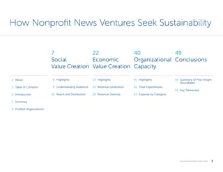 How Nonprofit News Ventures Seek Sustainability
7
22
40
49
Social
Economic
Organizational Conclusions
Value Creation Value...