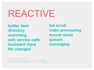REACTIVE
twitter feed
directory
searching
web service calls
keyboard input
file changed
Twitter feed as data stream
When you start thinking about async data streams.
EVERYTHING BECOMES AN ASYNC DATA STREAM!
list scroll
video processing
mouse move
queues
messaging
 