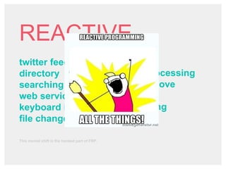 REACTIVE
twitter feed
directory
searching
web service calls
keyboard input
file changed
This mental shift is the hardest part of FRP.
list scroll
video processing
mouse move
queues
messaging
 