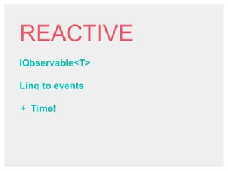 REACTIVE
IObservable<T>
Linq to events
+ Time!
 