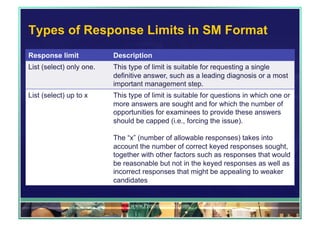 Types of Response Limits in SM Format 
Response limit Description 
List (select) only one. This type of limit is suitable for requesting a single 
definitive answer, such as a leading diagnosis or a most 
important management step. 
List (select) up to x This type of limit is suitable for questions in which one or 
more answers are sought and for which the number of 
opportunities for examinees to provide these answers 
should be capped (i.e., forcing the issue). 
The “x” (number of allowable responses) takes into 
account the number of correct keyed responses sought, 
together with other factors such as responses that would 
be reasonable but not in the keyed responses as well as 
incorrect responses that might be appealing to weaker 
candidates 
www.PresentationPro.com 
 