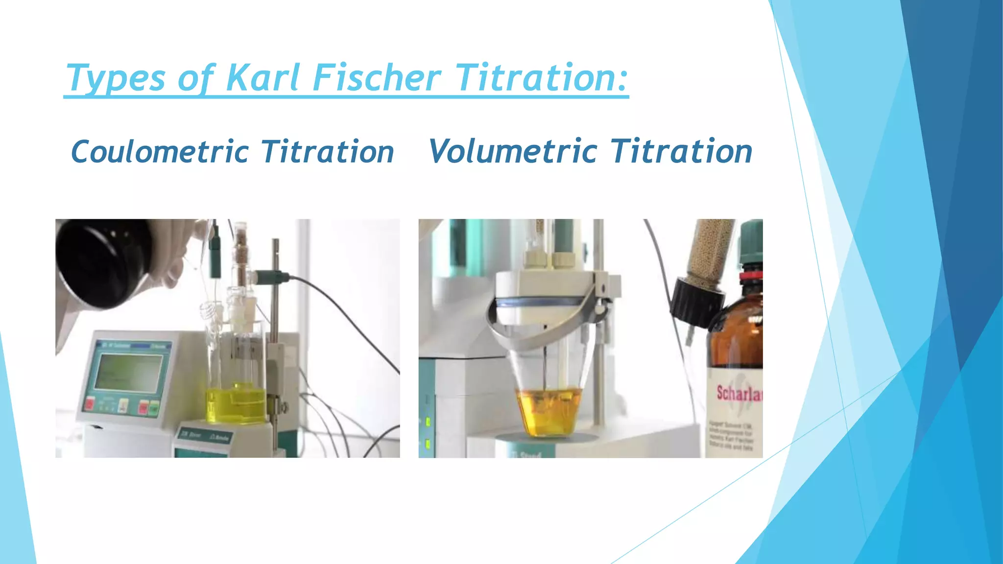 Types of Karl Fischer Titration:
Volumetric TitrationCoulometric Titration
 