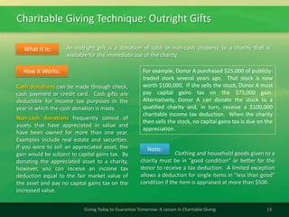 Charitable Giving Technique: Outright Gifts
13Giving Today to Guarantee Tomorrow: A Lesson in Charitable Giving
An outright gift is a donation of cash or non-cash property to a charity that is
available for the immediate use of the charity.
What It Is:
How It Works:
Cash donations can be made through check,
cash payment or credit card. Cash gifts are
deductible for income tax purposes in the
year in which the cash donation is made.
Non-cash donations frequently consist of
assets that have appreciated in value and
have been owned for more than one year.
Examples include real estate and securities.
If you were to sell an appreciated asset, the
gain would be subject to capital gains tax. By
donating the appreciated asset to a charity,
however, you can receive an income tax
deduction equal to the fair market value of
the asset and pay no capital gains tax on the
increased value.
For example, Donor A purchased $25,000 of publicly-
traded stock several years ago. That stock is now
worth $100,000. If she sells the stock, Donor A must
pay capital gains tax on the $75,000 gain.
Alternatively, Donor A can donate the stock to a
qualified charity and, in turn, receive a $100,000
charitable income tax deduction. When the charity
then sells the stock, no capital gains tax is due on the
appreciation.
Note:
Clothing and household goods given to a
charity must be in "good condition" or better for the
donor to receive a tax deduction. A limited exception
allows a deduction for single items in "less than good"
condition if the item is appraised at more than $500.
 