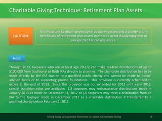 Charitable Giving Technique: Retirement Plan Assets
19Giving Today to Guarantee Tomorrow: A Lesson in Charitable Giving
It is important to obtain professional advice in designating a charity as the
beneficiary of retirement plan assets in order to avoid disadvantageous or
unexpected tax consequences.
CAUTION:
Note:
Through 2013, taxpayers who are at least age 70-1/2 can make tax-free distributions of up to
$100,000 from traditional or Roth IRAs directly to charities. The charitable distribution has to be
made directly by the IRA trustee to a qualified public charity and cannot be made to donor-
advised funds or to supporting private foundations. This provision is currently scheduled to
expire at the end of 2013. Since this provision was not extended for 2012 until early 2013,
special transition rules are available: (1) taxpayers may recharacterize distributions made in
January 2013 as made on December 31, 2012 or (2) taxpayers may treat a distribution from an
IRA to the taxpayer made in December 2012 as a charitable distribution if transferred to a
qualified charity before February 1, 2013.
 