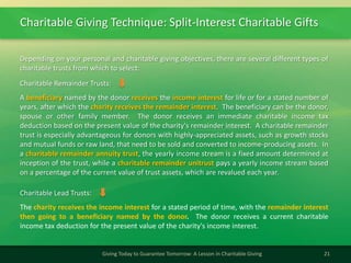 Charitable Giving Technique: Split-Interest Charitable Gifts
21Giving Today to Guarantee Tomorrow: A Lesson in Charitable Giving
Depending on your personal and charitable giving objectives, there are several different types of
charitable trusts from which to select:
A beneficiary named by the donor receives the income interest for life or for a stated number of
years, after which the charity receives the remainder interest. The beneficiary can be the donor,
spouse or other family member. The donor receives an immediate charitable income tax
deduction based on the present value of the charity's remainder interest. A charitable remainder
trust is especially advantageous for donors with highly-appreciated assets, such as growth stocks
and mutual funds or raw land, that need to be sold and converted to income-producing assets. In
a charitable remainder annuity trust, the yearly income stream is a fixed amount determined at
inception of the trust, while a charitable remainder unitrust pays a yearly income stream based
on a percentage of the current value of trust assets, which are revalued each year.
Charitable Remainder Trusts:
The charity receives the income interest for a stated period of time, with the remainder interest
then going to a beneficiary named by the donor. The donor receives a current charitable
income tax deduction for the present value of the charity's income interest.
Charitable Lead Trusts:
 