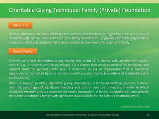 Charitable Giving Technique: Family (Private) Foundation
25Giving Today to Guarantee Tomorrow: A Lesson in Charitable Giving
Donors who want to maintain long-term control and flexibility in regard to how a substantial
charitable gift will be used may turn to a family foundation… a private charitable organization
created, funded and controlled by a donor and/or by members of the donor's family.
What It Is:
A family or private foundation is any charity that is not (1) a charity with an inherently public
nature (e.g., a hospital, church or college), (2) a charity that receives most of its donations and
support from the general public (e.g., a museum), or (3) an organization that is operated,
supervised or controlled by or in connection with a public charity (something of a subsidiary of a
public charity).
When compared to other charitable giving alternatives, a family foundation provides a donor
with the advantages of significant flexibility and control over the timing and manner in which
charitable expenditures are made by the family foundation. A family foundation can also provide
the donor and donor's family with significant local visibility for the family's charitable work.
How It Works:
continued on next slide
 