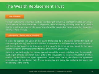 The Wealth Replacement Trust
16Giving Today to Guarantee Tomorrow: A Charitable Trust Review
The Problem:
Through a charitable remainder trust (or charitable gift annuity), a charitably-minded person can
realize certain income and estate tax objectives, while ultimately providing assets to a favorite
charity. In doing so, however, the donor's family will be deprived of those assets that they might
otherwise have received.
A Potential Life Insurance Solution:
In order to replace the value of the assets transferred to a charitable remainder trust (or
charitable gift annuity), the donor establishes a second trust - an irrevocable life insurance trust -
and the trustee acquires life insurance on the donor's life in an amount equal to the value
transferred to the charitable remainder trust or charitable gift annuity.
Using the charitable deduction income tax savings and the annual cash flow from the remainder
trust or gift annuity, the donor makes gifts to the irrevocable life insurance trust that are then
used to pay the life insurance policy premiums. At the donor's death, the life insurance proceeds
generally pass to the donor's heirs free of income tax and estate tax, replacing the assets that
then belong to the charity.
 