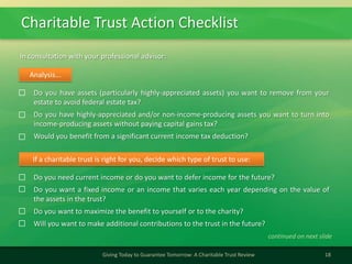Charitable Trust Action Checklist
18Giving Today to Guarantee Tomorrow: A Charitable Trust Review
Do you have assets (particularly highly-appreciated assets) you want to remove from your
estate to avoid federal estate tax?
Do you have highly-appreciated and/or non-income-producing assets you want to turn into
income-producing assets without paying capital gains tax?
Would you benefit from a significant current income tax deduction?
In consultation with your professional advisor:
Analysis...
Do you need current income or do you want to defer income for the future?
Do you want a fixed income or an income that varies each year depending on the value of
the assets in the trust?
Do you want to maximize the benefit to yourself or to the charity?
Will you want to make additional contributions to the trust in the future?
If a charitable trust is right for you, decide which type of trust to use:
continued on next slide
 