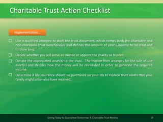 Charitable Trust Action Checklist
19Giving Today to Guarantee Tomorrow: A Charitable Trust Review
Use a qualified attorney to draft the trust document, which names both the charitable and
non-charitable trust beneficiaries and defines the amount of yearly income to be paid and
for how long.
Decide whether you will serve as trustee or appoint the charity as trustee.
Donate the appreciated asset(s) to the trust. The trustee then arranges for the sale of the
asset(s) and decides how the money will be reinvested in order to generate the required
income.
Determine if life insurance should be purchased on your life to replace trust assets that your
family might otherwise have received.
Implementation…
 