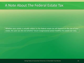 A Note About The Federal Estate Tax
20Giving Today to Guarantee Tomorrow: A Charitable Trust Review
Whether your estate is actually subject to the federal estate tax will depend on the size of your
estate, the year you die and whether future Congressional action modifies the estate tax rules.
 