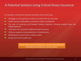 A Potential Solution Using Critical Illness Insurance
11Protecting Your Assets and Lifestyle: A Critical Illness Insurance Review
For example, critical illness insurance proceeds can be used to pay:
Critical illness insurance helps you to survive financially while
physically recovering from a serious illness!
Mortgage or rent payments, as well as any other bills you may have;
Health insurance deductibles, coinsurance and/or co-payments;
The costs of receiving out-of-network medical treatment, including possible travel and
lodging expenses;
Treatments not covered by traditional health insurance;
Child care expenses during treatment or hospitalization;
Modifications to your home or vehicle; and/or
Shorter-term home health care.
 