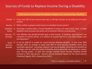 Sources of Funds to Replace Income During a Disability
If you save 10% of your income each year, it will take 10 years to set aside just one year’s
income
What creditor is going to lend money to a disabled income earner?
Assuming a market exists, a forced liquidation of assets can reduce their value. A single
disability could consume the assets you’ve worked a lifetime to accumulate.
Your lifestyle may already be built upon a dual income. If, however, your spouse is not
currently an income earner, is it realistic to assume that he or she could replace your
earning power?
It can be difficult to qualify for Social Security disability benefits. In fact, from 2001
through 2010, an average of about only 45% of Social Security disability claims were
eventually approved. Assuming, however, that you do qualify, Social Security benefits do
not begin until the sixth full month of disability and are generally not adequate to replace
your earning power. In fact, the average monthly Social Security disability benefit
received in 2011 was $1,111. (Source: Annual Statistical Report on the Social Security
Disability Program, 2011; released July 2012)
Savings
Borrow
Liquidate
Assets
Spouse’s
Earnings
Social
Security
Benefits
There is, however, a possible solution...
What Sources of Funds May Be Available to Replace Your Income During a Disability?
 