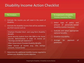 Disability Income Action Checklist
10Preparing for Disability: A Disability Income Review
Estimate the income you will need in the event of
disability.
Estimate the disability income that will be available to
you from sources such as:
The Analysis… To Implement a Disability
Income Insurance Plan…
Select type of policy and
amount of personally-owned
disability income insurance.
Evaluate and select appropriate
optional benefits.
Establish insurability.
Arrange for payment of
premiums.
Determine the additional monthly income required to
achieve your disability income objective.
Employer-Provided Short- and Long-Term Disability
Benefits
Social Security (submit Form SSA-7004 to the Social
Security Administration in order to receive an
“Earnings and Benefit Statement”)
Other Government-Provided Disability Benefits
Other Sources of Income (e.g., CDs, savings
accounts, mutual funds)
 