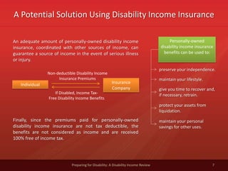 A Potential Solution Using Disability Income Insurance
7Preparing for Disability: A Disability Income Review
An adequate amount of personally-owned disability income
insurance, coordinated with other sources of income, can
guarantee a source of income in the event of serious illness
or injury.
Individual Insurance
Company
If Disabled, Income Tax-
Free Disability Income Benefits
Non-deductible Disability Income
Insurance Premiums
Finally, since the premiums paid for personally-owned
disability income insurance are not tax deductible, the
benefits are not considered as income and are received
100% free of income tax.
Personally-owned
disability income insurance
benefits can be used to:
preserve your independence.
maintain your lifestyle.
give you time to recover and,
if necessary, retrain.
protect your assets from
liquidation.
maintain your personal
savings for other uses.
 