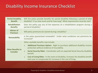 Disability Income Insurance Checklist
9Preparing for Disability: A Disability Income Review
Partial Disability
Benefit
Will the policy provide benefits for partial disability following a period of total
disability? If so, how much and for how long? What requirements must be met?
Rehabilitation
Benefits
Does the policy pay any of the expenses of a rehabilitation program during a
period of disability?
Waiver of
Premium
Will policy premiums be waived during a disability?
Renewability
Is the policy guaranteed renewable? Under what conditions can premiums be
increased?
Other Benefits to
Consider
Other available benefits may include:
 Additional Purchase Option: Right to purchase additional disability income
protection without evidence of insurability.
 Social Security Rider: Coordinates with an expected Social Security disability
benefit.
 Cost of Living Rider: In the event of disability, increases the disability benefit
each year to compensate for increases in the cost of living.
 