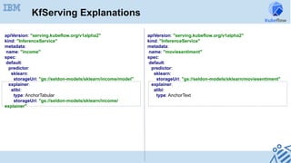 KfServing Explanations
apiVersion: "serving.kubeflow.org/v1alpha2"
kind: "InferenceService"
metadata:
name: "income"
spec:
default:
predictor:
sklearn:
storageUri: "gs://seldon-models/sklearn/income/model"
explainer:
alibi:
type: AnchorTabular
storageUri: "gs://seldon-models/sklearn/income/
explainer"	
apiVersion: "serving.kubeflow.org/v1alpha2"
kind: "InferenceService"
metadata:
name: "moviesentiment"
spec:
default:
predictor:
sklearn:
storageUri: "gs://seldon-models/sklearn/moviesentiment"
explainer:
alibi:
type: AnchorText
	
 