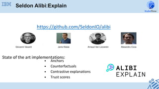 https://github.com/SeldonIO/alibi	
	
	
	State	of	the	art	implementations:	
	
Seldon Alibi:Explain
Janis KlaiseGiovanni Vacanti Alexandru CocaArnaud Van Looveren
•  Anchors	
•  Counterfactuals		
•  Contrastive	explanations	
•  Trust	scores	
	
 