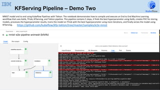KFServing Pipeline – Demo Two
MNIST	model	end	to	end	using	Kubeflow	Pipelines	with	Tekton.	The	notebook	demonstrates	how	to	compile	and	execute	an	End	to	End	Machine	Learning	
workflow	that	uses	Katib,	TFJob,	KFServing,	and	Tekton	pipeline.	This	pipeline	contains	5	steps,	it	finds	the	best	hyperparameter	using	Katib,	creates	PVC	for	storing	
models,	processes	the	hyperparameter	results,	trains	the	model	on	TFJob	with	the	best	hyperparameter	using	more	iterations,	and	finally	serves	the	model	using	
KFServing..	
			
https://github.com/kubeflow/kfp-tekton/tree/master/samples/e2e-mnist	
	
 