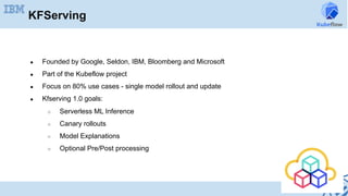 KFServing
●  Founded by Google, Seldon, IBM, Bloomberg and Microsoft	
●  Part of the Kubeflow project
●  Focus on 80% use cases - single model rollout and update
●  Kfserving 1.0 goals:
○  Serverless ML Inference
○  Canary rollouts
○  Model Explanations
○  Optional Pre/Post processing
 